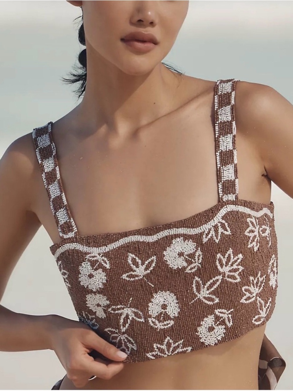 Anthropologie Brown Crop Top with White Floral Embroidery